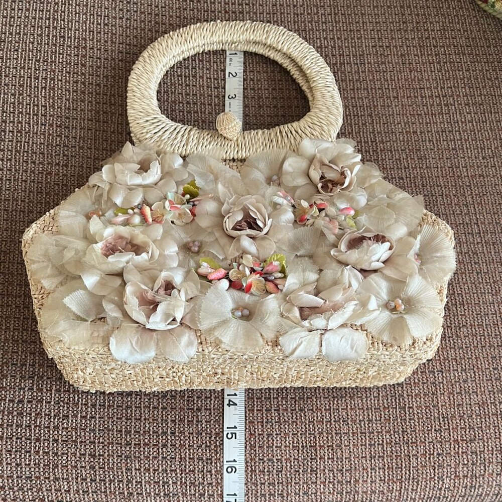 Vintage Flower Embellished Lined Straw Handbag Purse - Picture 10 of 11